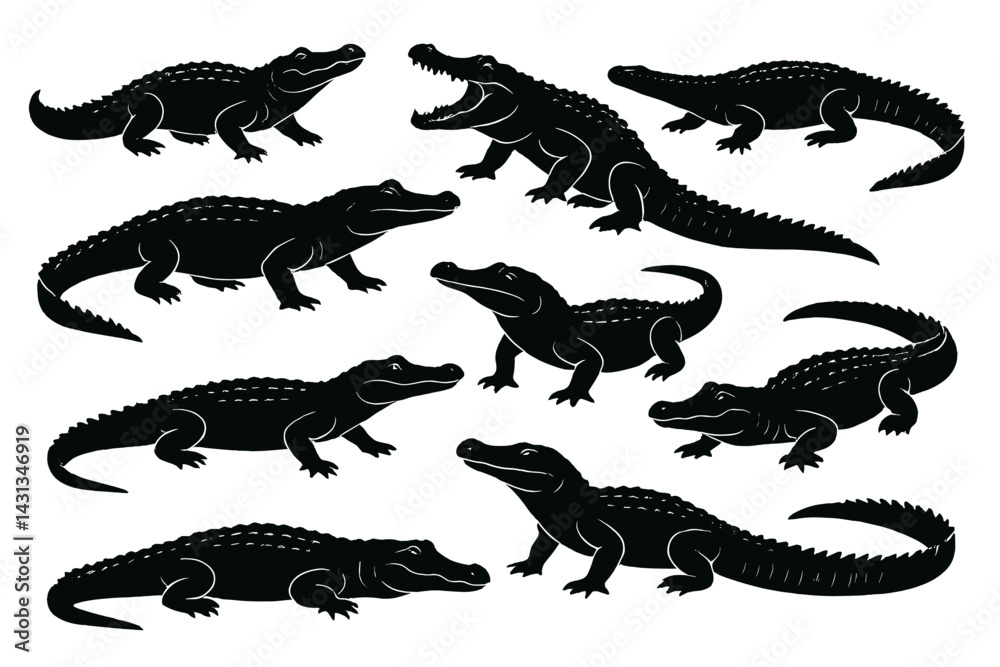 Fototapeta premium Icon set featuring various silhouettes of crocodiles arranged in multiple positions and angles