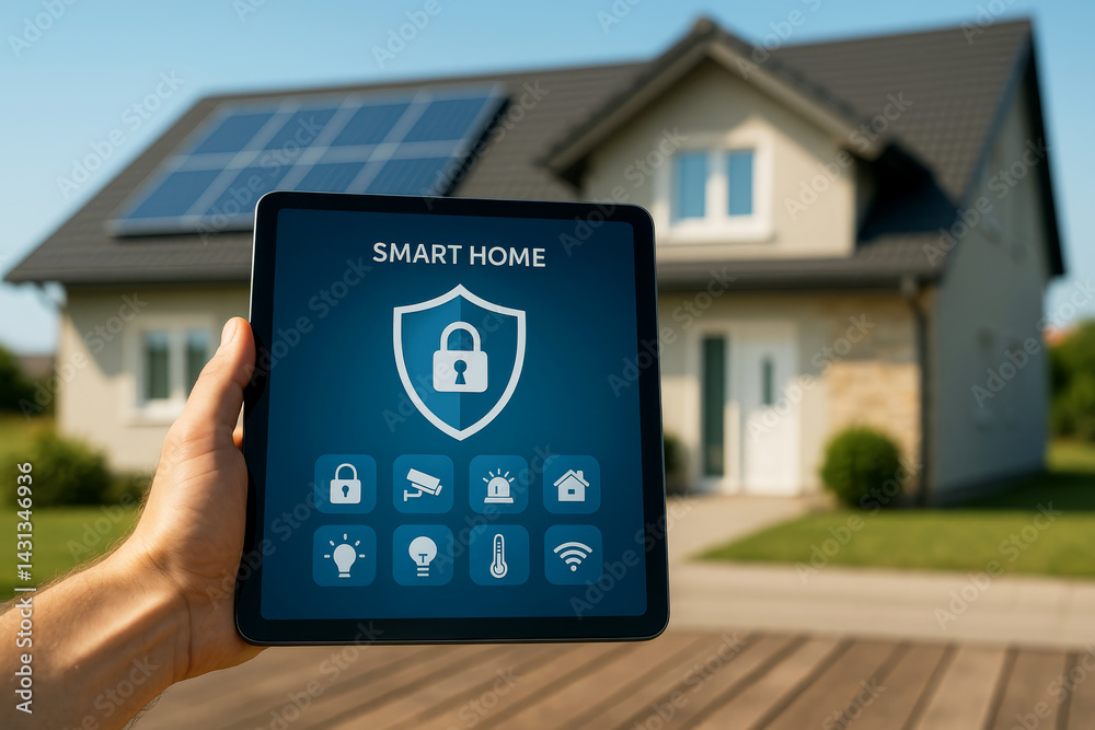 Hand holding tablet with smart home interface, modern house with solar panels in background. Smart home security.