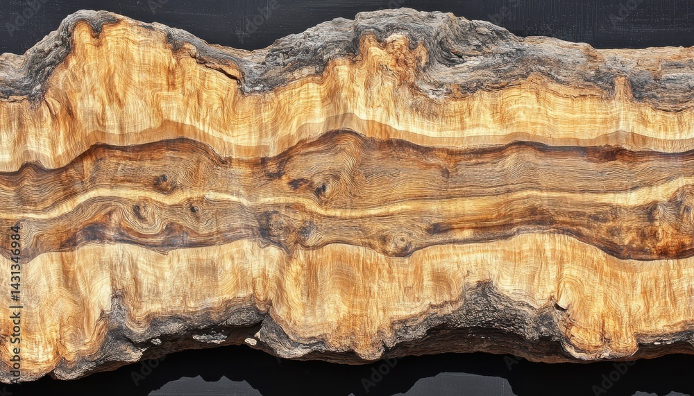 Close-up view of a slab of wood, showcasing intricate wood grain patterns.  The rich colors and textures create a natural aesthetic