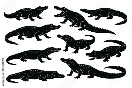 Icon set featuring various silhouettes of crocodiles arranged in multiple positions and angles