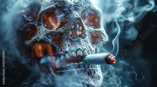 A dramatic close-up of a cigarette with smoke forming into a skull, symbolizing the horror and deadly consequences of smoking addiction