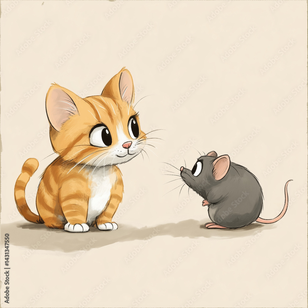 um gato e um rato se encarando sobre um fundo neutro. Cena curiosa, com tensão e humor, ideal para representar rivalidade, surpresa ou interação animal