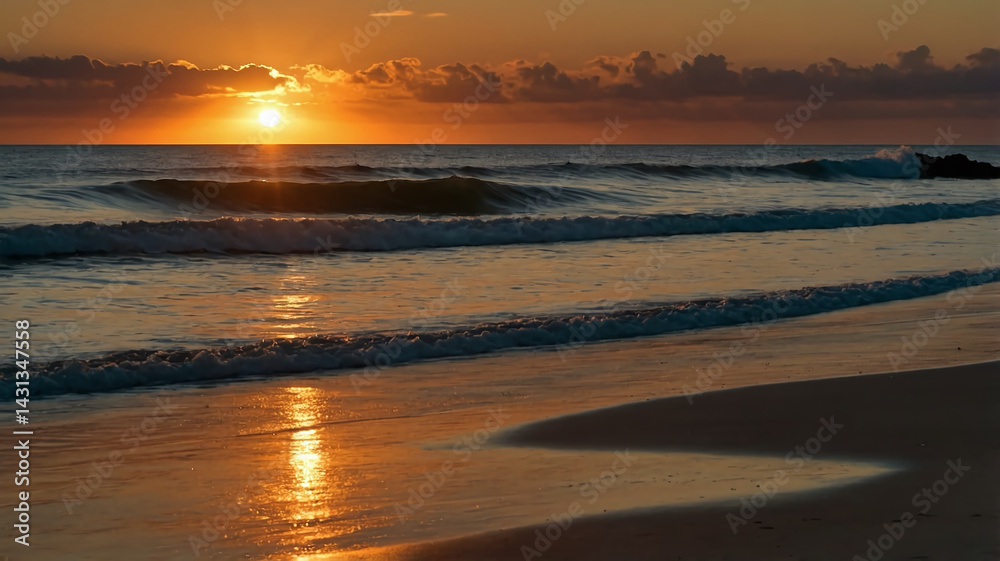 Fototapeta premium Golden sunset paints the ocean horizon with orange and red hues as waves meet the sandy beach