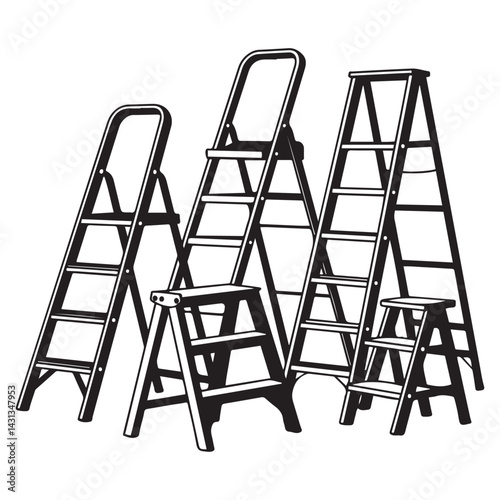 Collection of metal ladders. Different types of stepladders. Flat Vector Black silhouettes. with white background