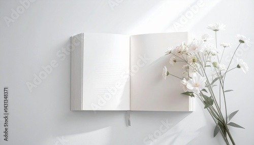 Open notebook on a white background with delicate daisies, elegant and minimalist design