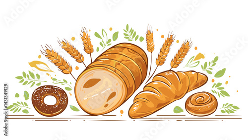 Hand-drawn bakery icons (croissant, bread)