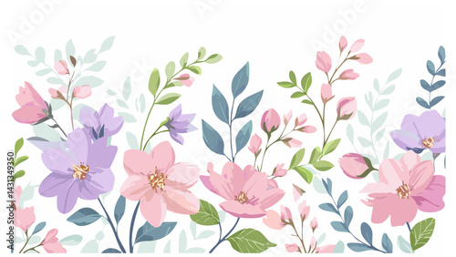 Flower seamless pattern with abstract floral branches with leaves, blossom lilac pink pastel flowers. Vector nature illustration in vintage watercolor style on light white background