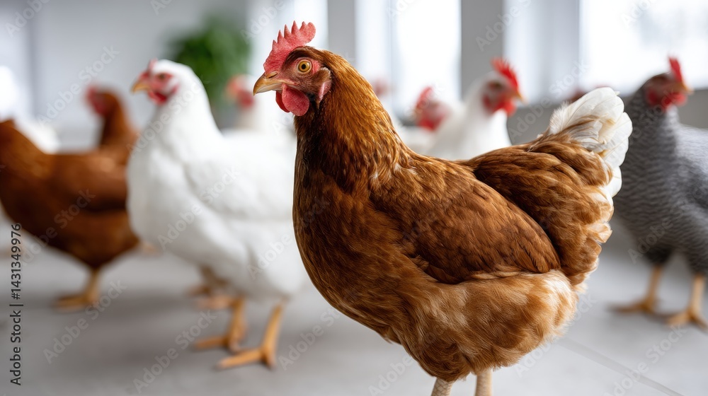 A warm light shines softly on a brown hen nestled among white hens on a chicken farm, creating a serene and dreamy environment