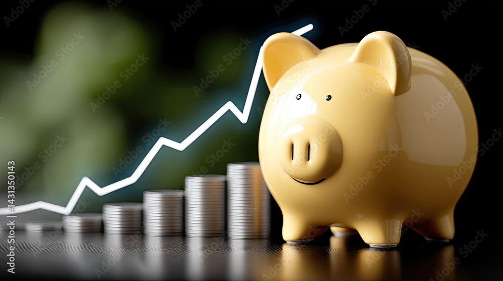 A bright yellow piggy bank sits next to stacks of coins with a glowing blue graph showing financial growth against a black backdrop