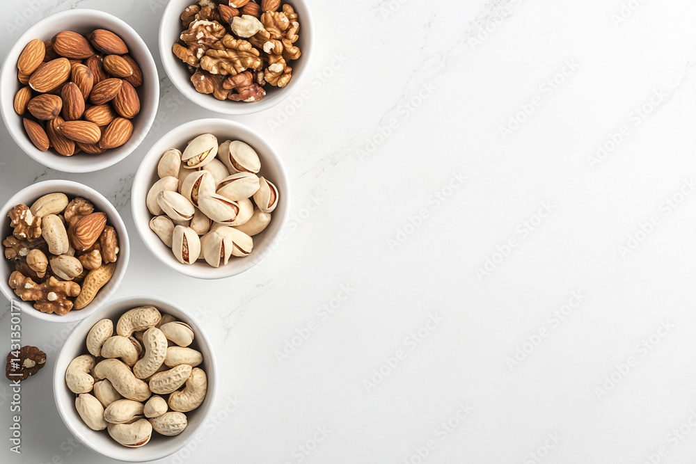 A variety of nuts and dried fruits arranged in wooden bowls on a light gray surface, showcasing a nutritious and colorful selection of healthy snacks. A variety of nuts and dried fruits arranged in wooden bowls on a light gray surface, showcasing a nutritious and colorful selection of healthy snacks.