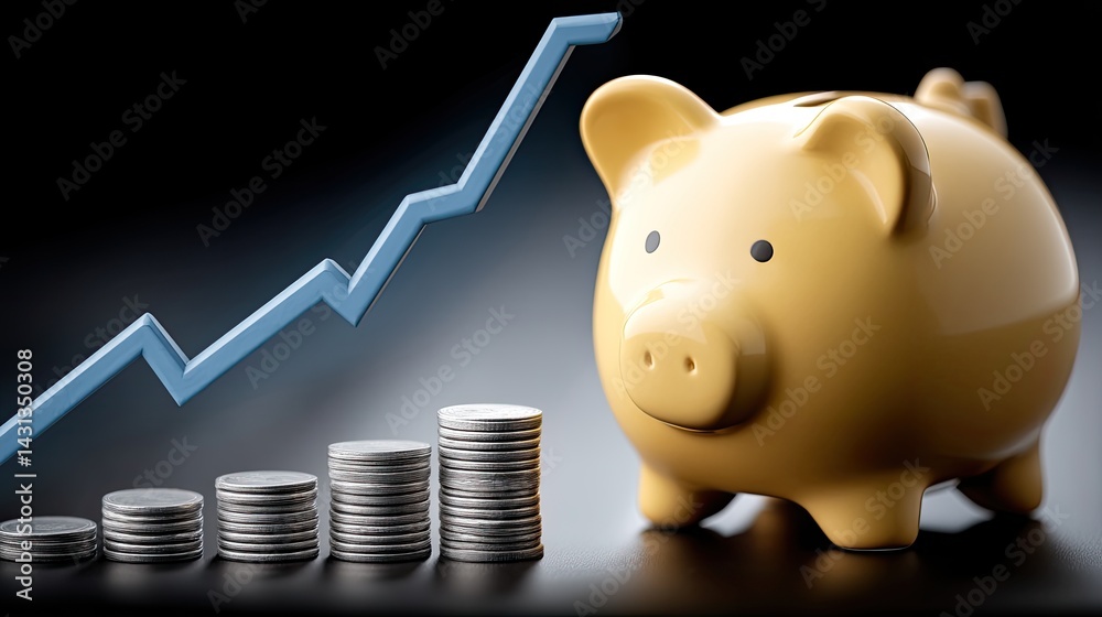 A yellow piggy bank sits next to stacks of coins while a glowing blue graph indicates upward financial progress against a dark backdrop