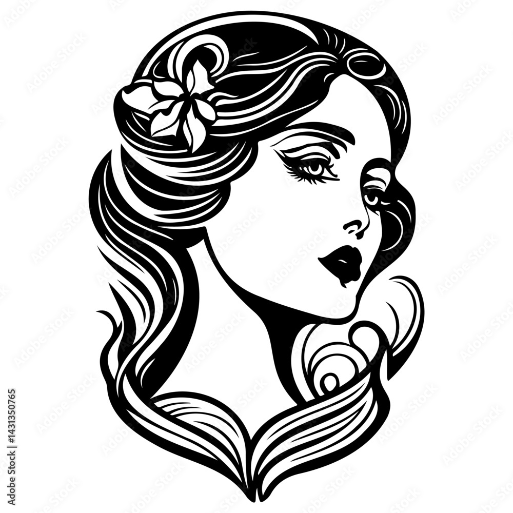 Elegant woman portrait with floral hair detail graphic line art drawing