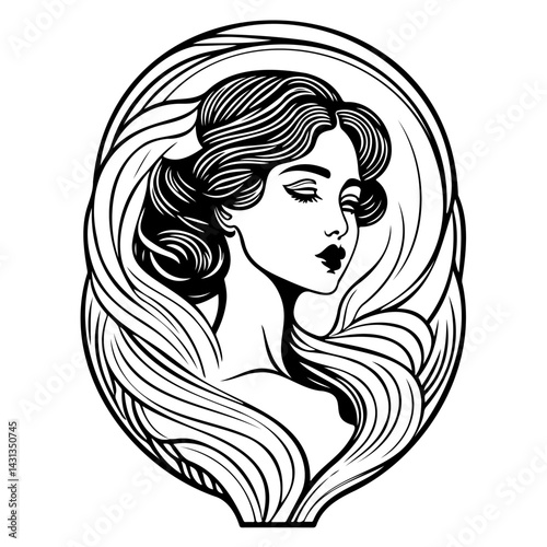 Elegant monochrome portrait of a woman with flowing hair and ornate frame