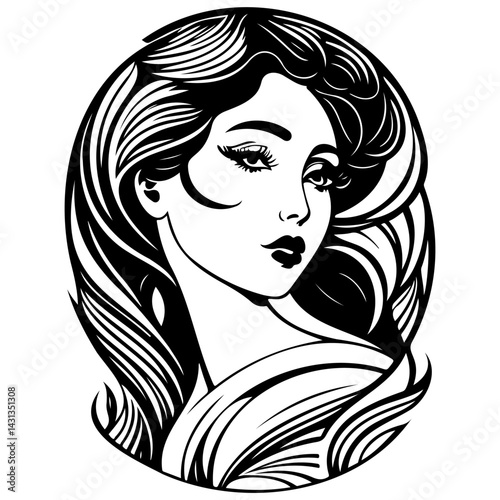 Elegant monochrome portrayal showcasing a woman with flowing tresses and graceful expression