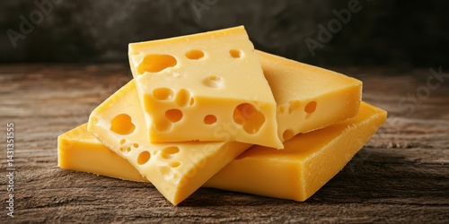 Slices of cheese stacked on a rustic wooden table with a dark background showcasing texture and color photo
