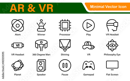 AR VR Line Icon Set – Minimal Vector Outline Illustrations for Augmented Reality, Virtual World, Futuristic Tech, Gaming, Metaverse, UX Design