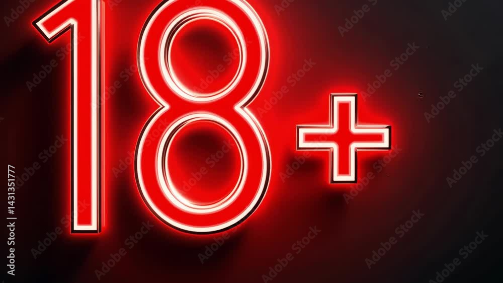 Red neon eighteen plus sign glowing on a dark textured background, representing adult content and age restriction