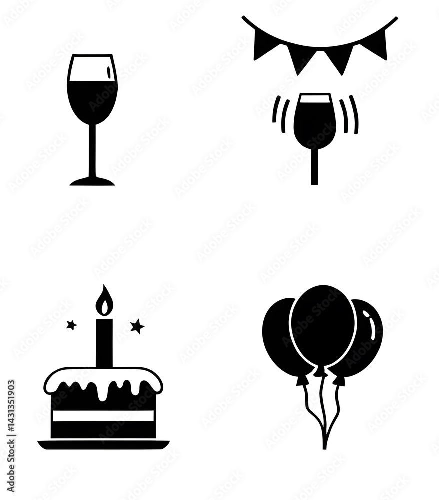 Naklejka premium Isolated black and white icons icon set, balloons, birthday cake with candles, wine glass, party-runner 