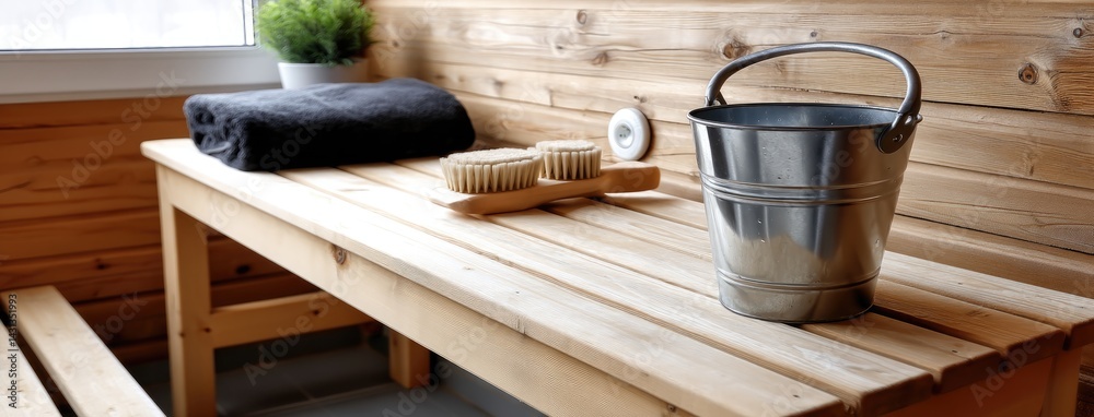 Warm wooden textures and soft lighting create a tranquil atmosphere for relaxation in a wellness center with a steam room