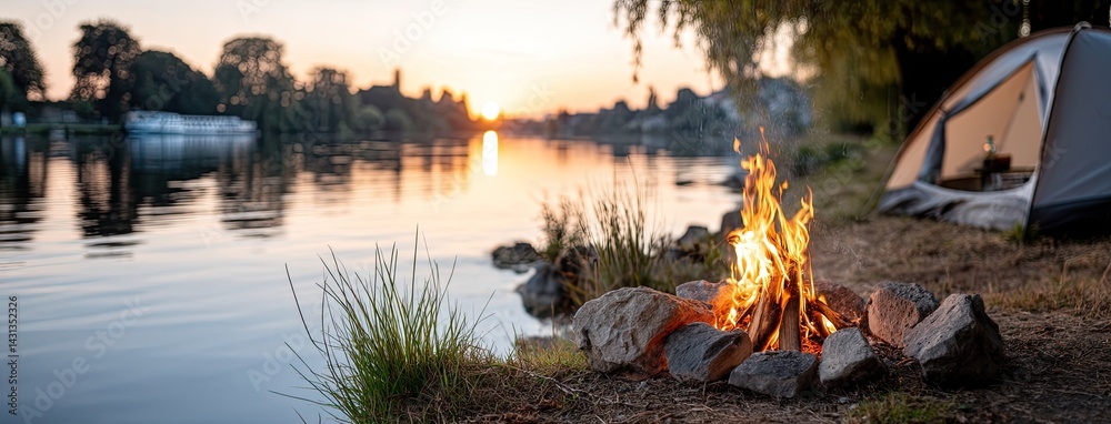 Enjoy a tranquil evening by the lake with a camping tent and a warm bonfire as the sun sets over the horizon