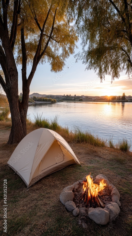 Enjoy a tranquil setting with a camping tent and a bonfire near a calm lake at sunset, perfect for summer adventures
