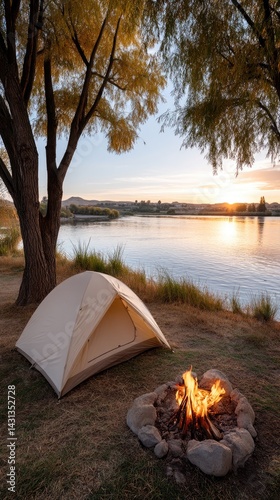 Obraz na płótnie Enjoy a tranquil setting with a camping tent and a bonfire near a calm lake at sunset, perfect for summer adventures w salonie