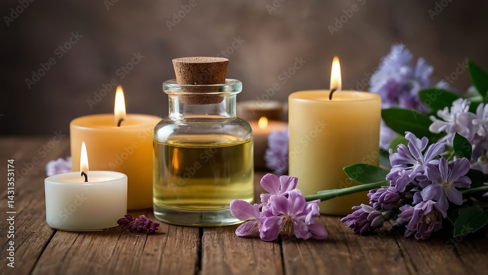 Purple lavender, essential oil, and candles create a relaxing spa aromatherapy experience with a soft flame and natural beauty