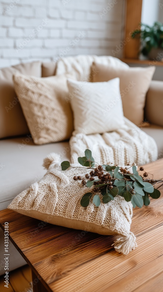 Cozy living room features a grey sofa, a wooden coffee table, and decorative elements in a warm Scandinavian aesthetic