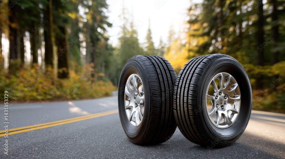 Vintage car tires on an asphalt road with a blurred forest and sky backdrop create a perfect setting for summer advertising