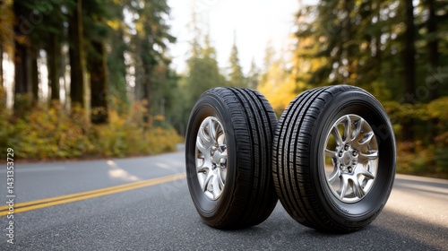 Obraz na płótnie Vintage car tires on an asphalt road with a blurred forest and sky backdrop create a perfect setting for summer advertising w salonie