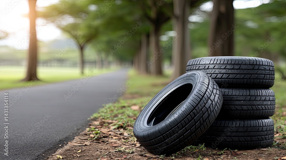 Black tires are stacked on the side of an asphalt road, with trees and blurred grass creating a vibrant daytime backdrop
