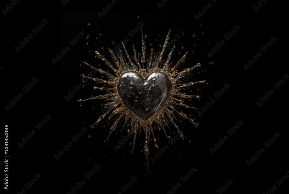 Black heart splashing with golden sparks against a dark background  
