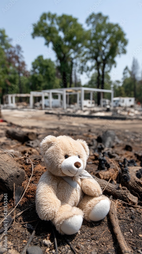 Worn teddy bear rests on ash, surrounded by charred remains of buildings, symbolizing loss and resilience amid devastation