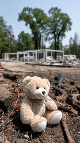 Obraz na płótnie Worn teddy bear rests on ash, surrounded by charred remains of buildings, symbolizing loss and resilience amid devastation w salonie