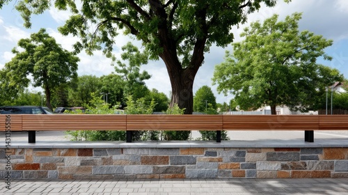 Obraz na płótnie Brown wooden slats form a contemporary fence with a stone wall in a vibrant garden under sunny skies, showcasing modern home design w salonie