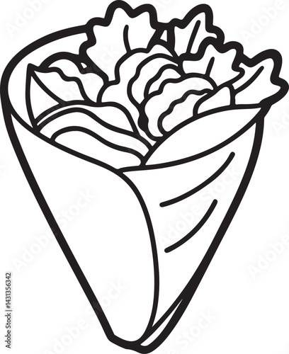Tasty Tortilla wraps line art, black outline, vector and illustration, coloring book page line art drawing
