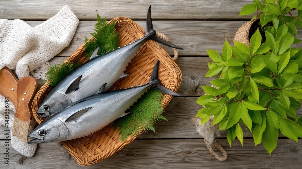Two fresh tuna fish arranged beautifully in a bamboo basket within a local market, showcasing regional fishery offerings with detail