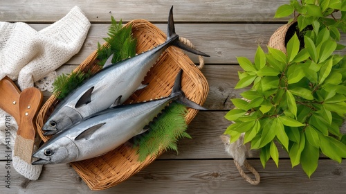 Obraz na płótnie Two fresh tuna fish arranged beautifully in a bamboo basket within a local market, showcasing regional fishery offerings with detail w salonie