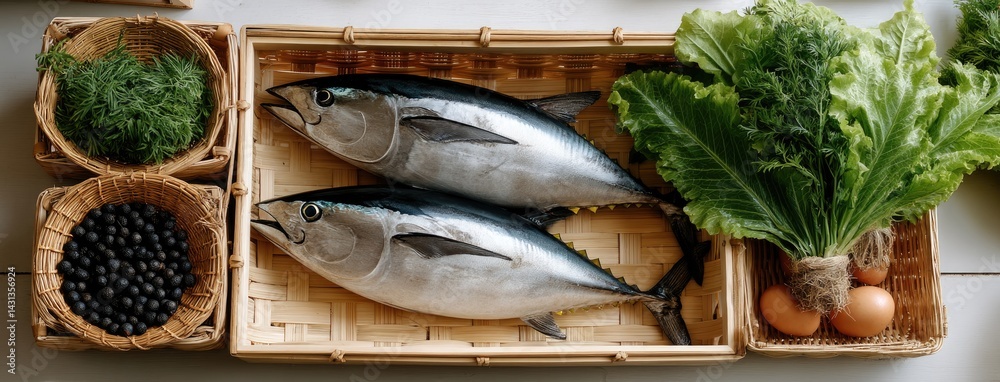 Two fresh tuna fish arranged beautifully in a bamboo basket within a local market, showcasing regional fishery offerings with detail