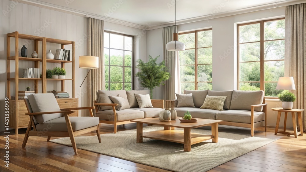 Fototapeta premium Simple elegant living room with wooden furniture and neutral colors, plenty of natural light and few decorative items, empty space, neutral tones