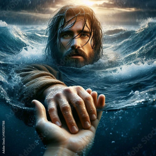 Close up of Jesus hand saving drowning man's hand. Miracle of saving life of Jesus Christ, son of God, rescue from drowning. Christmas, Easter, love, Heaven and concept of salvation