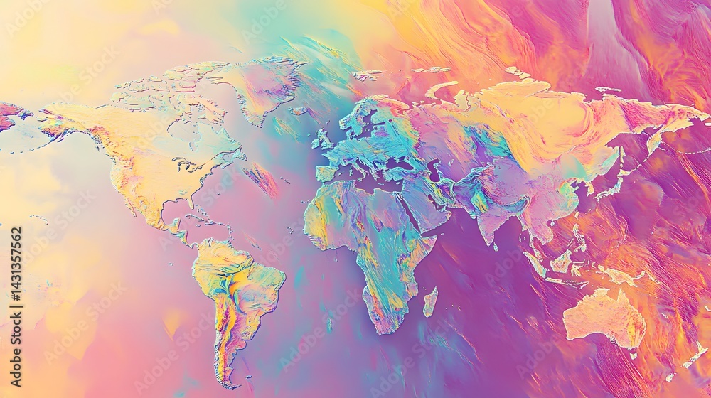 Naklejka premium A vibrant digital artwork featuring a world map with rainbow colors.