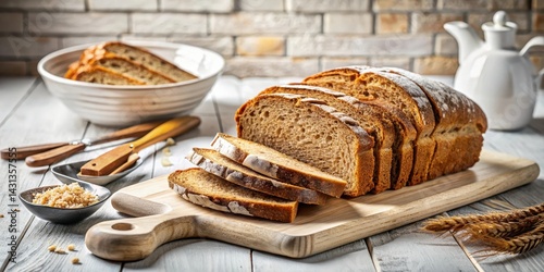 The golden crust of sliced rye bread glistens on a clean white cutting board, illuminated from above to accentuate its crunchy texture and enticing aroma , kitchen utensils, bread