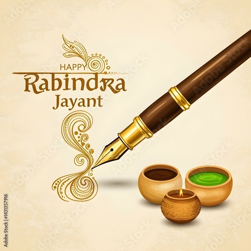 A golden fountain pen with golden ink forming RABINDRA JAYANT vector photo