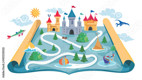 Fantasy map elements (castles, dragons)