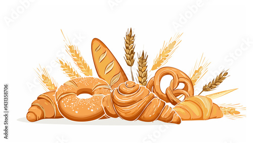 Hand-drawn bakery icons (croissant, bread)