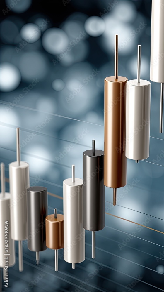 High-quality stock market chart displaying white candlestick patterns over a blurred blue and grey abstract background for trading analysis