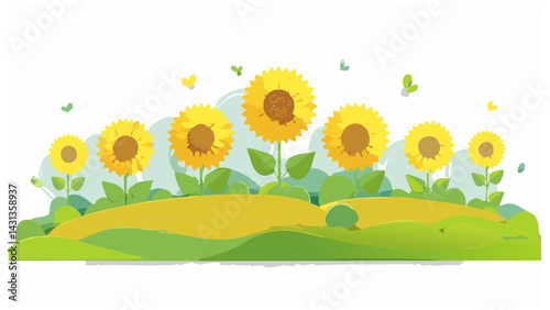 A field of sunflowers vector simple 3d smooth cut isolated illustration