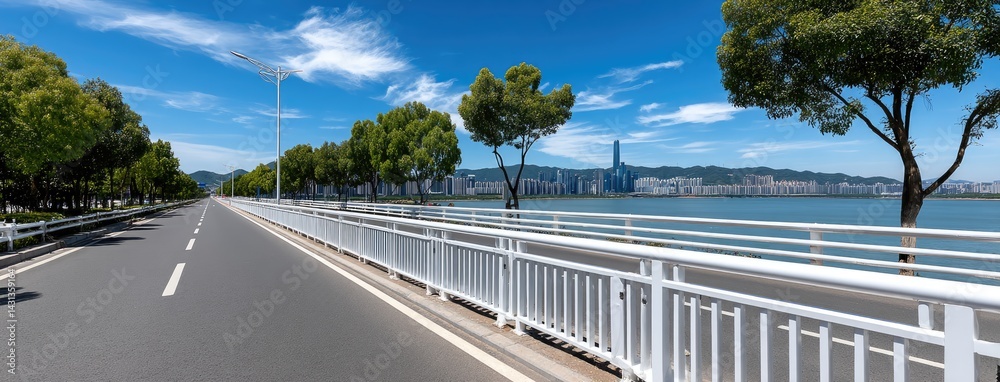 The bright day showcases an empty asphalt road winding alongside a river with lush greenery and a city skyline