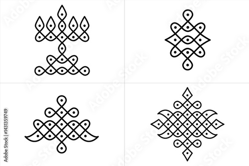 Set of Indian Traditional and Cultural Rangoli or Kolam design concept of line art isolated on white background - vector illustration